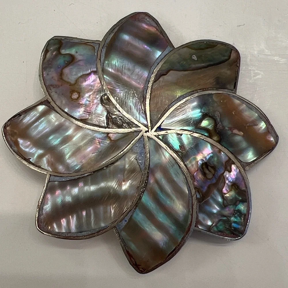 Abalone Sterling Silver Pendant Brooch Pin Inlaid Flower Alpaca Silver Mexico